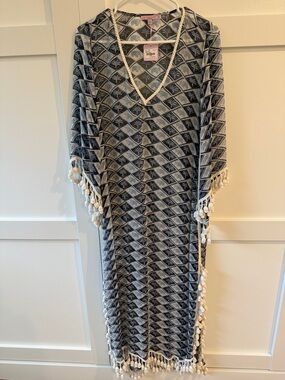 NWT Calypso St. Barth EURON Cover Up Kaftan with Pom Pom and Trim Detail